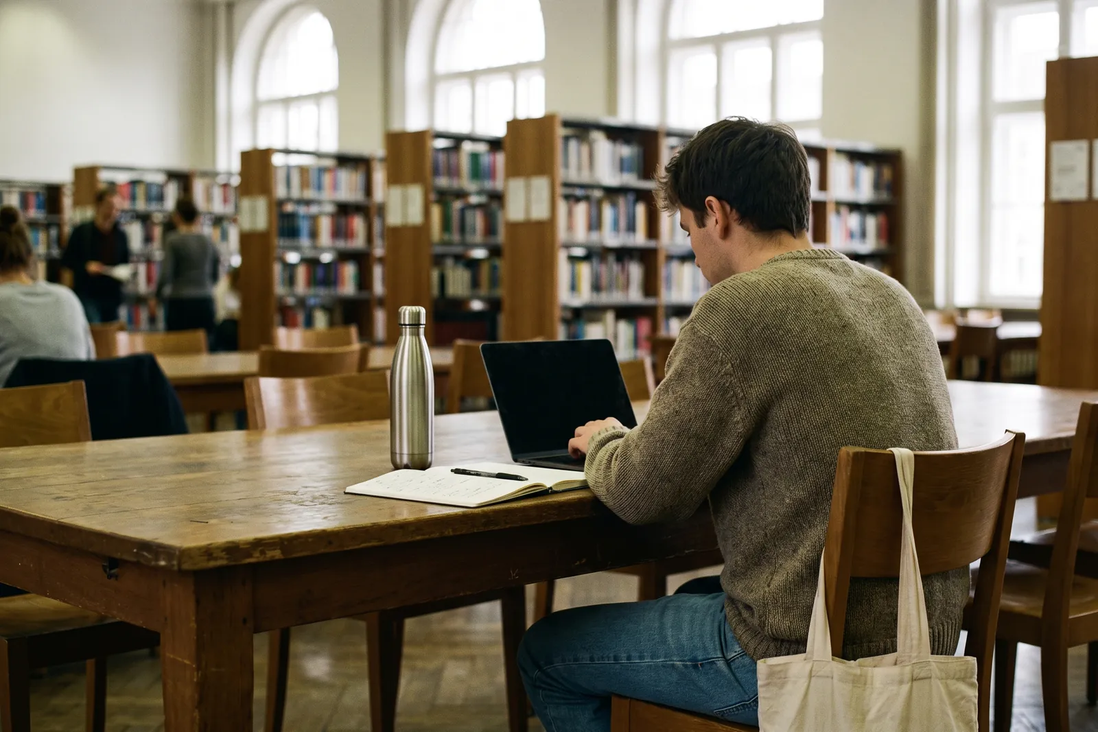 Student in der Bibliothek mit Edelstahlflasche, Notizbuch und Baumwolltasche am Arbeitsplatz