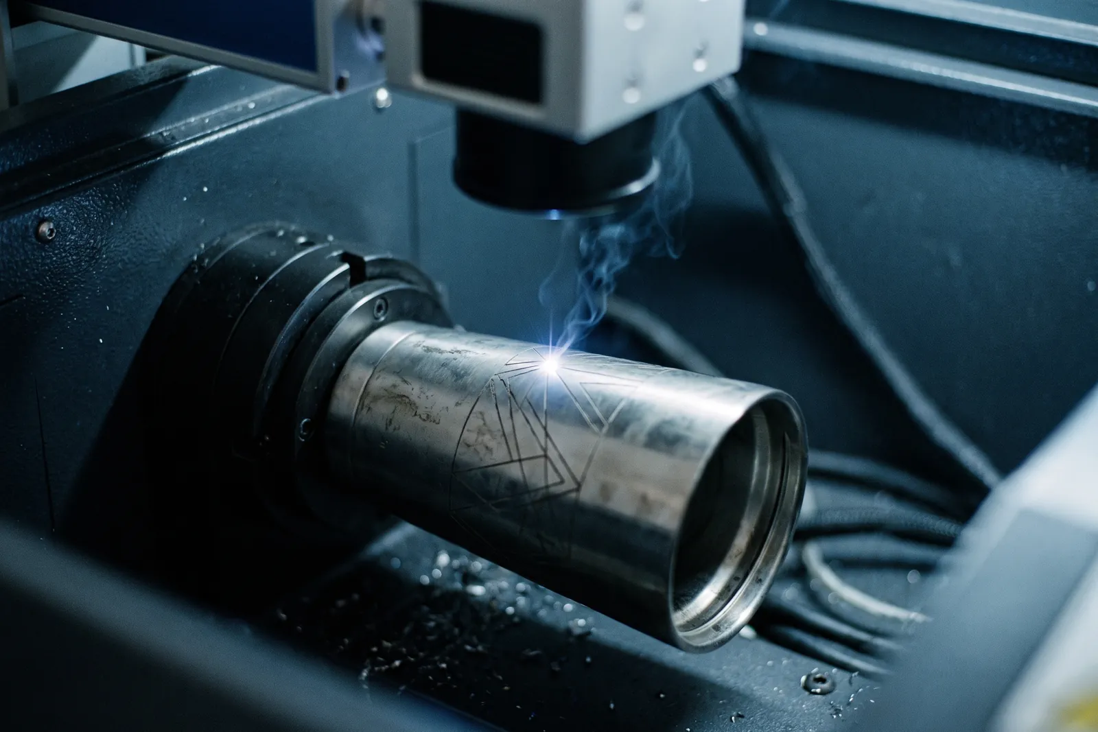 Laserkopf graviert ein Muster in die Oberfläche eines Edelstahlbechers in einer Graviermaschine