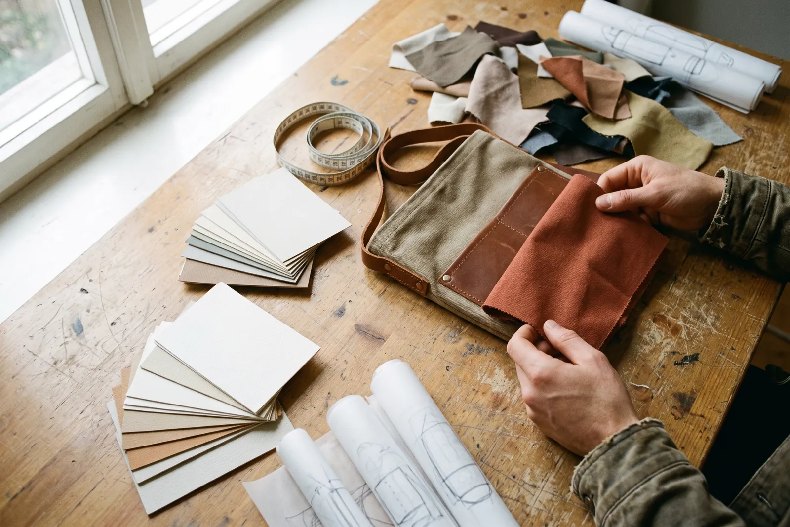 Hände vergleichen Stoffmuster mit einem Taschen-Prototyp auf einem Arbeitstisch mit Skizzen