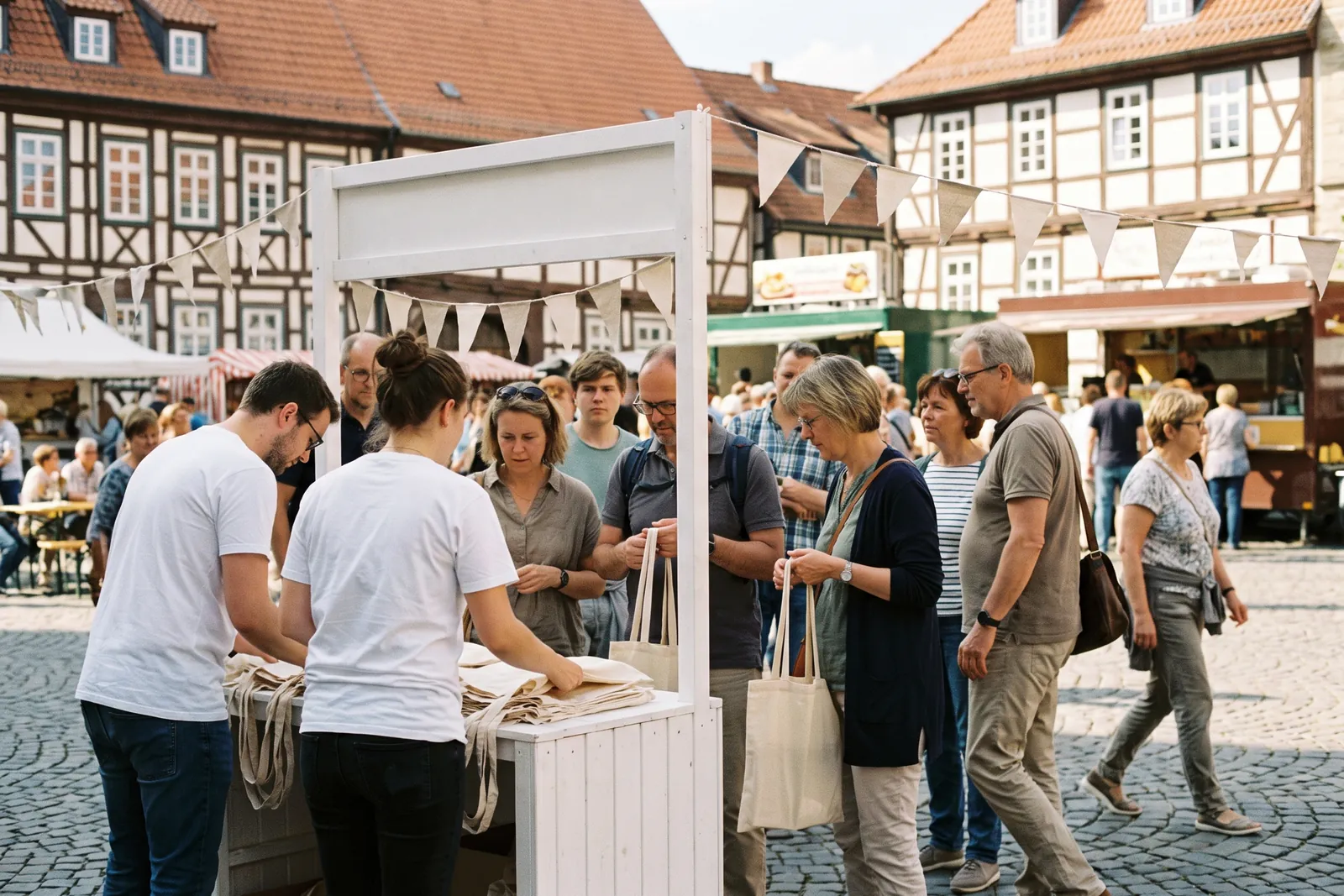 Ehrenamtliche verteilen an einem Infostand auf dem Marktplatz Baumwolltaschen an Festbesucher