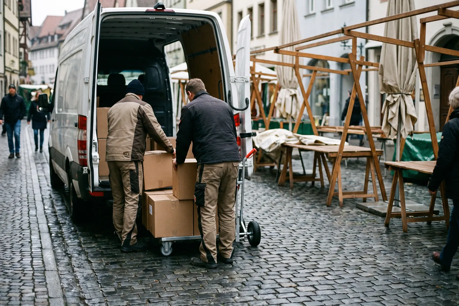 Zwei Helfer laden Kartons aus einem Transporter neben Marktständen im Aufbau
