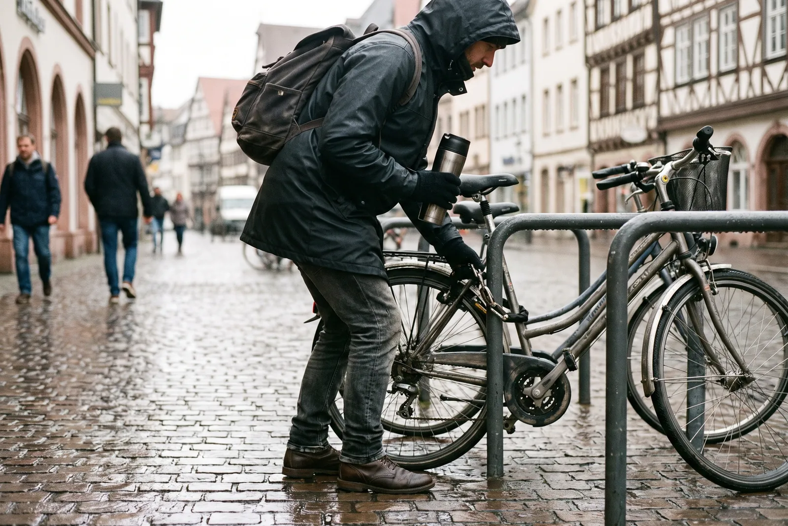 Pendler mit gebrauchtem Thermobecher und robustem Rucksack schließt morgens sein Fahrrad an