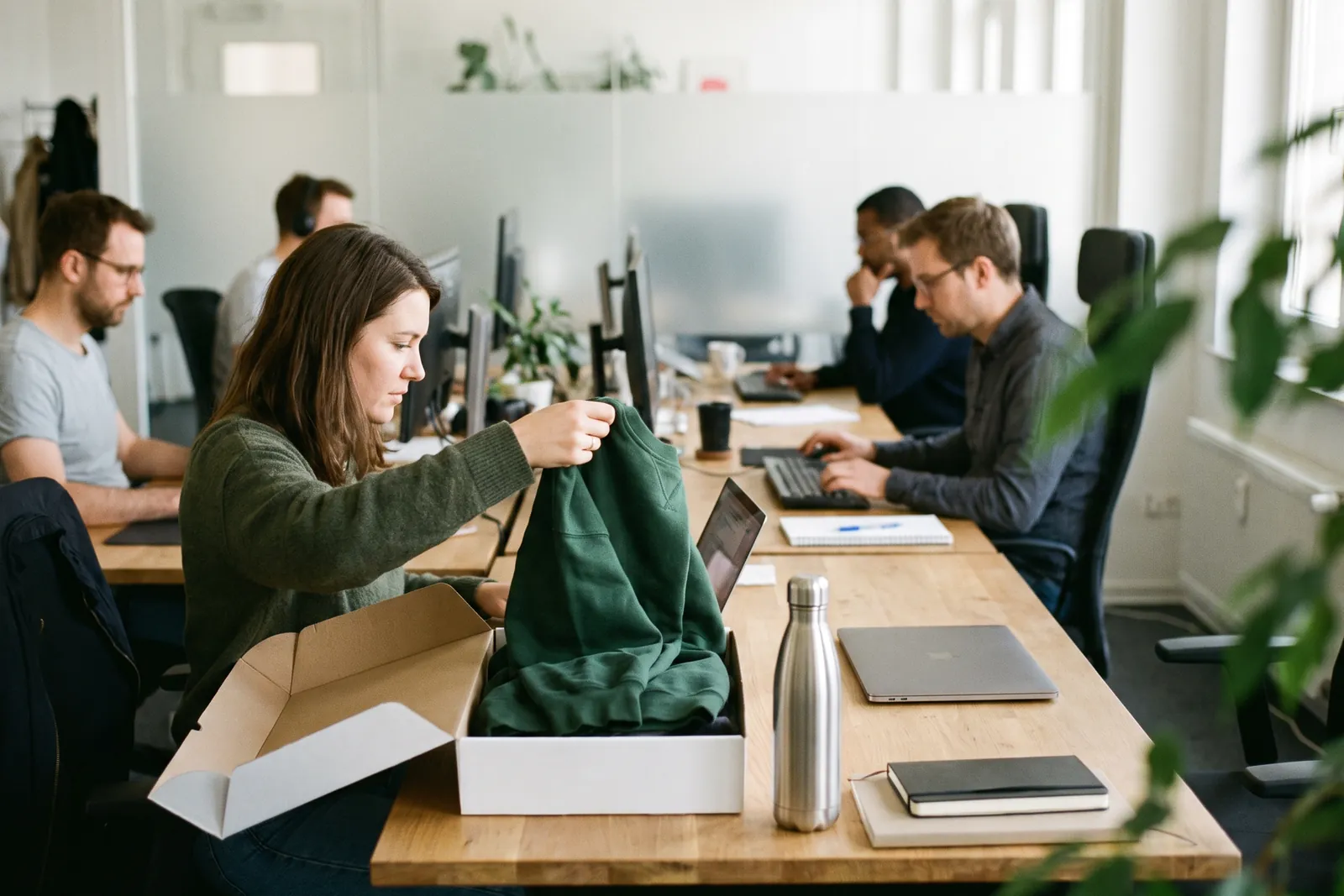 Neue Mitarbeiterin packt am ersten Arbeitstag ein Onboarding-Kit mit Sweatshirt und Trinkflasche aus