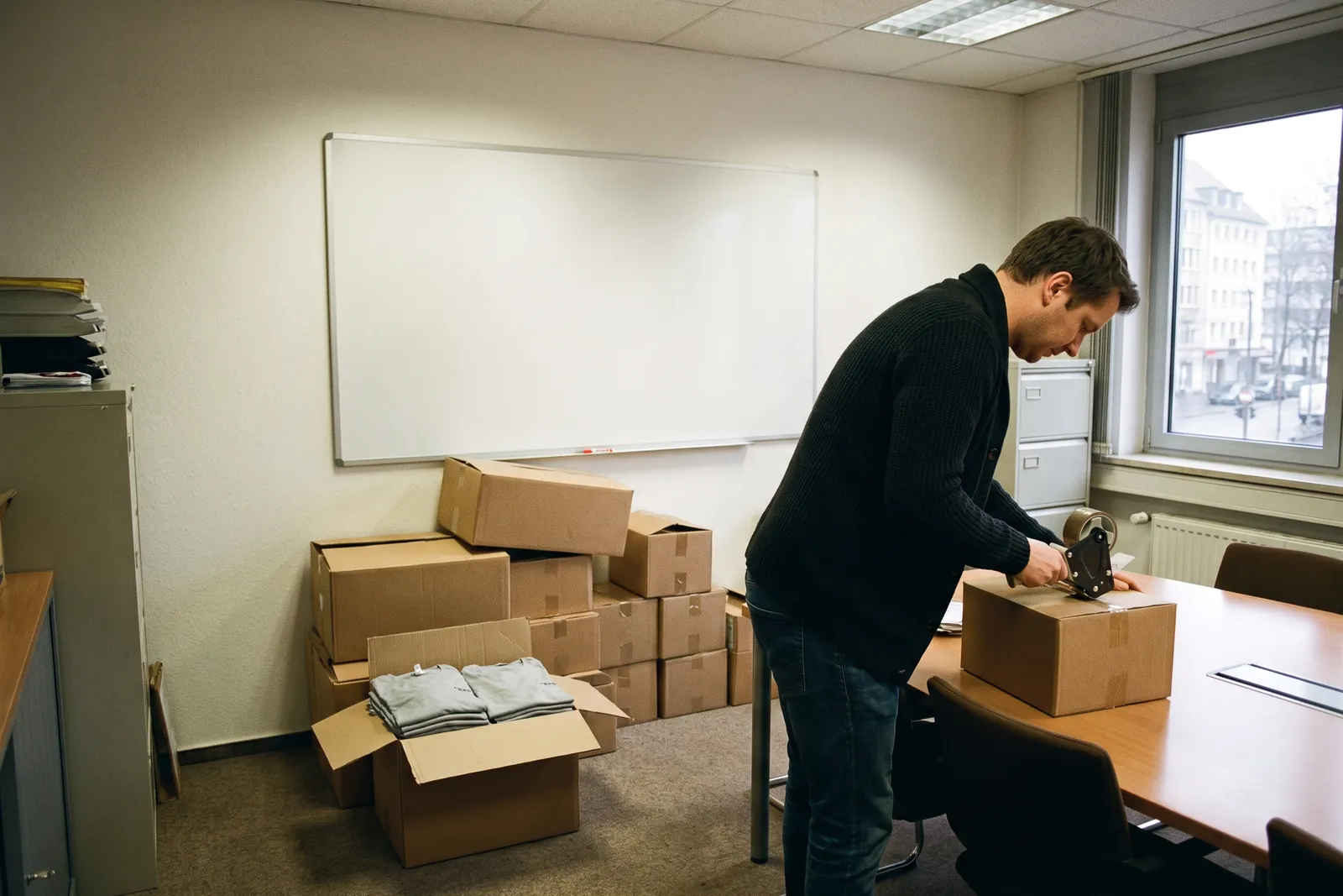 Mitarbeiter verpackt im Besprechungsraum ein Paket, an der Wand stapeln sich Kartons mit T-Shirts