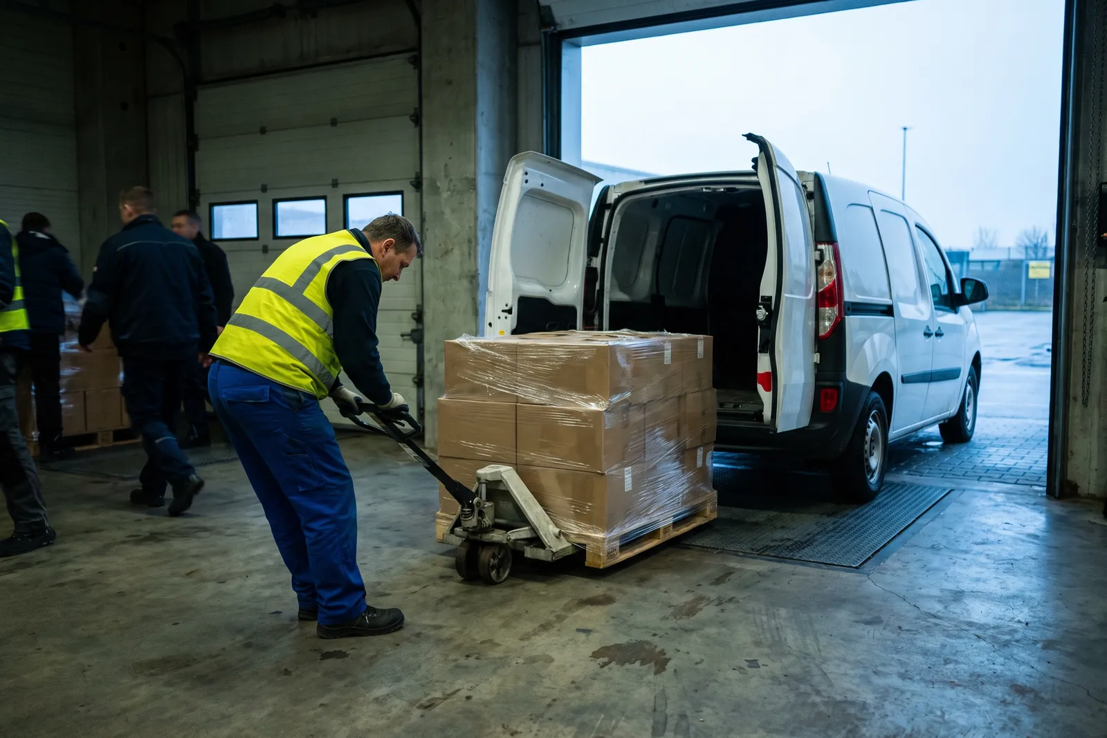 Lagermitarbeiter zieht eine Palette mit Kartons per Hubwagen aus einem Lieferwagen an der Laderampe