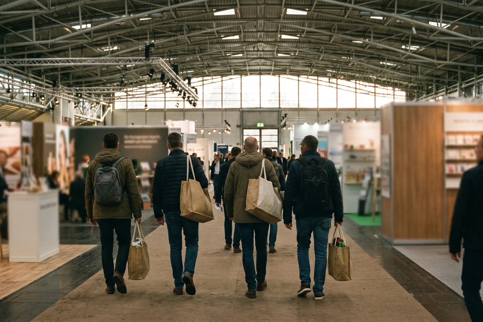 Trade fair visitors carrying sturdy canvas and jute bags along a hall aisle