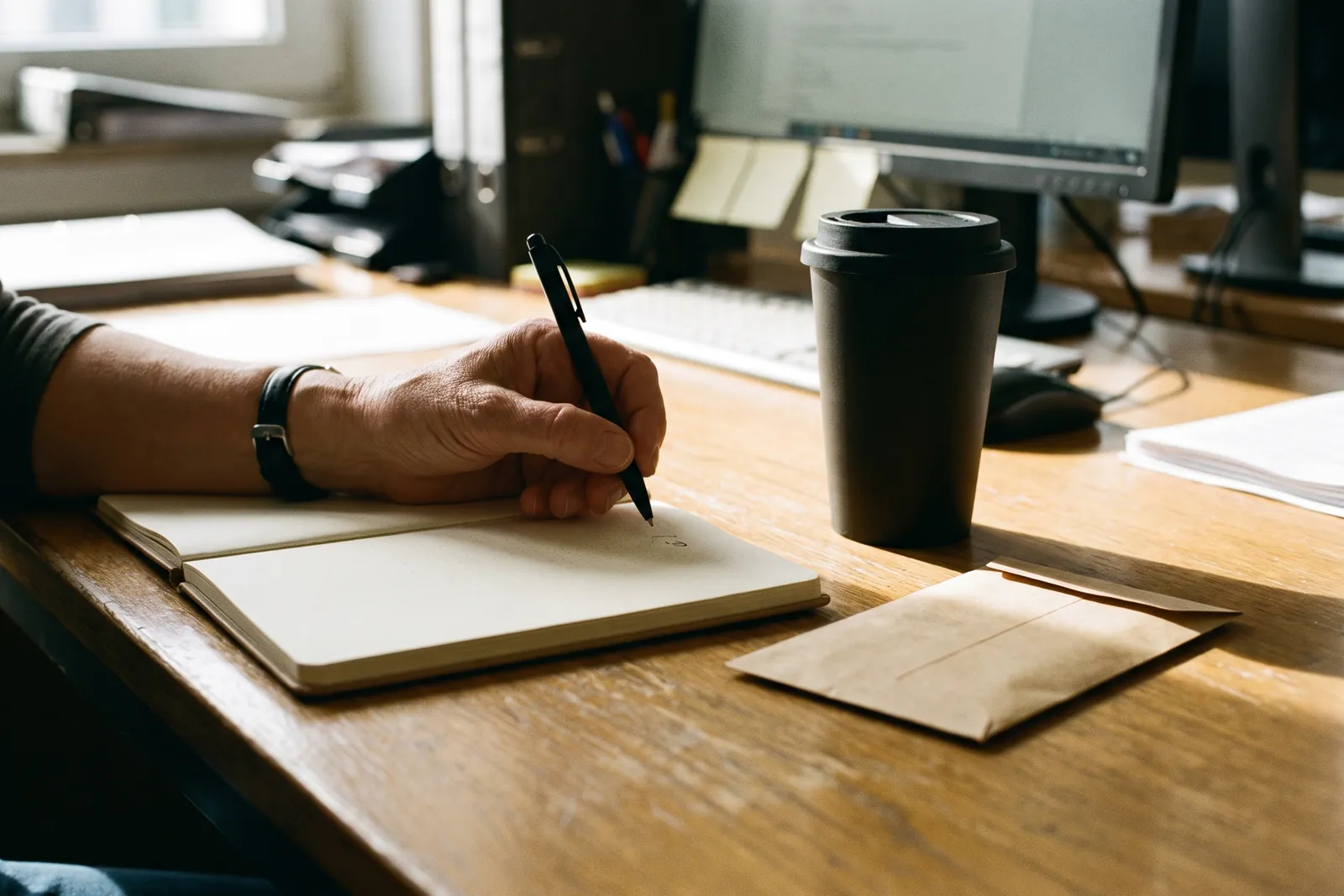 Hand writing with a pen in a quality notebook, with an insulated cup and envelope beside it