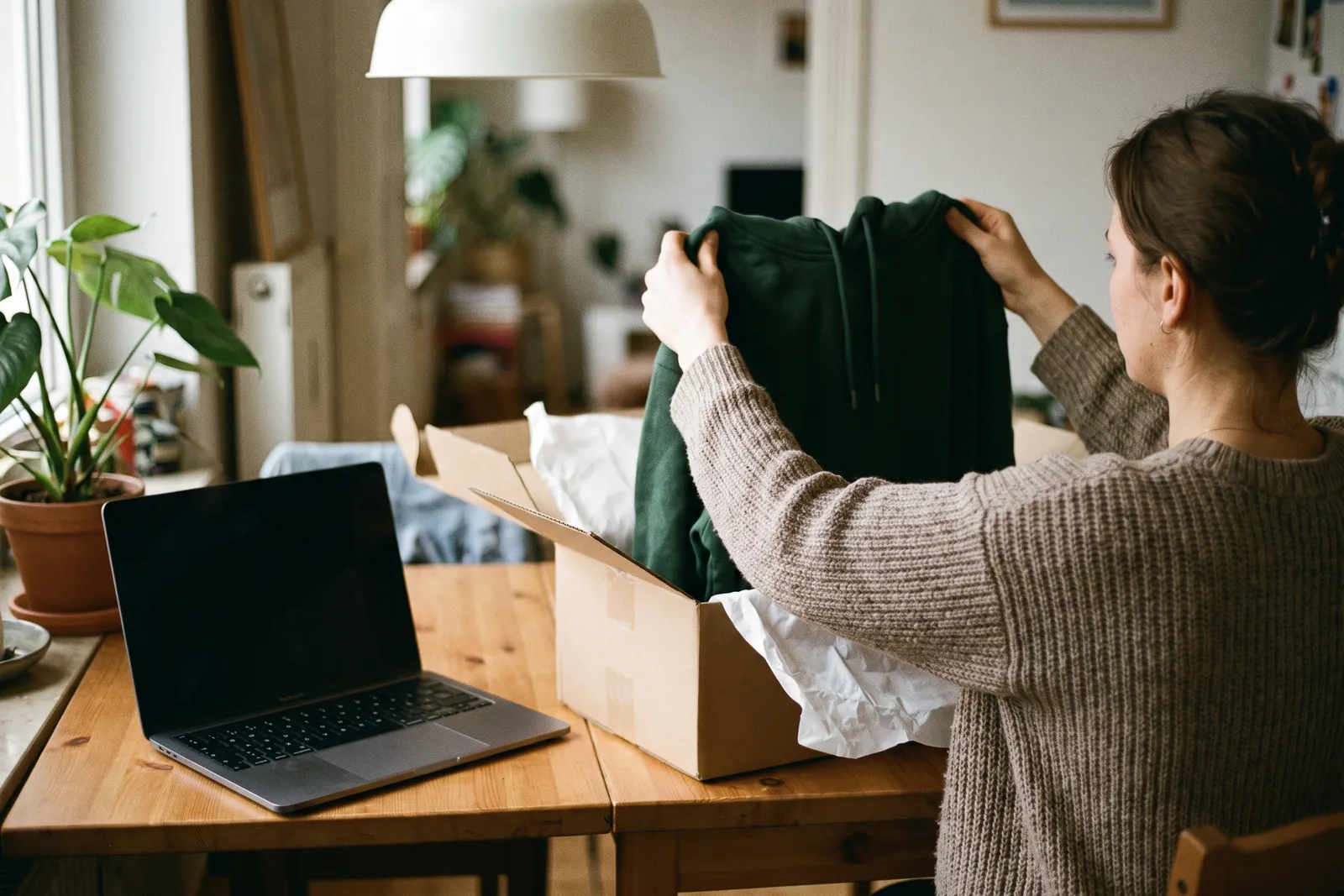 New employee unpacking her welcome pack with a hoodie at the kitchen table at home